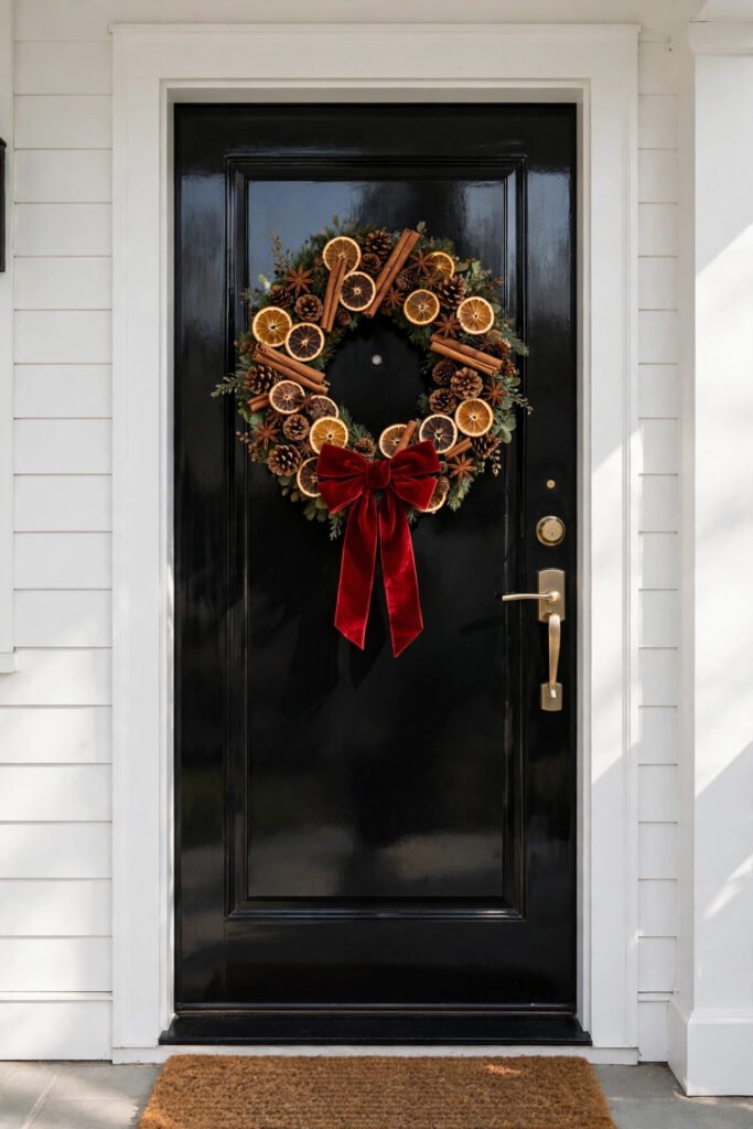 Glossy black front door with a wreath of dried orange slices, cinnamon sticks, star anise, small pinecones and a red velvet bow, crisp white facade