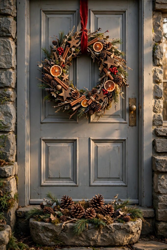 Wreath of dried orange slices, cinnamon sticks, pinecones, red berries and little wooden stars hanging from a red ribbon over a gray door, stone planter below