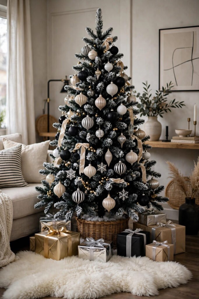 Flocked black Christmas tree with snowy tips, black, white and champagne ornaments including striped and ribbed onion shapes, gold and silver gifts, sheepskin rug, striped pillows