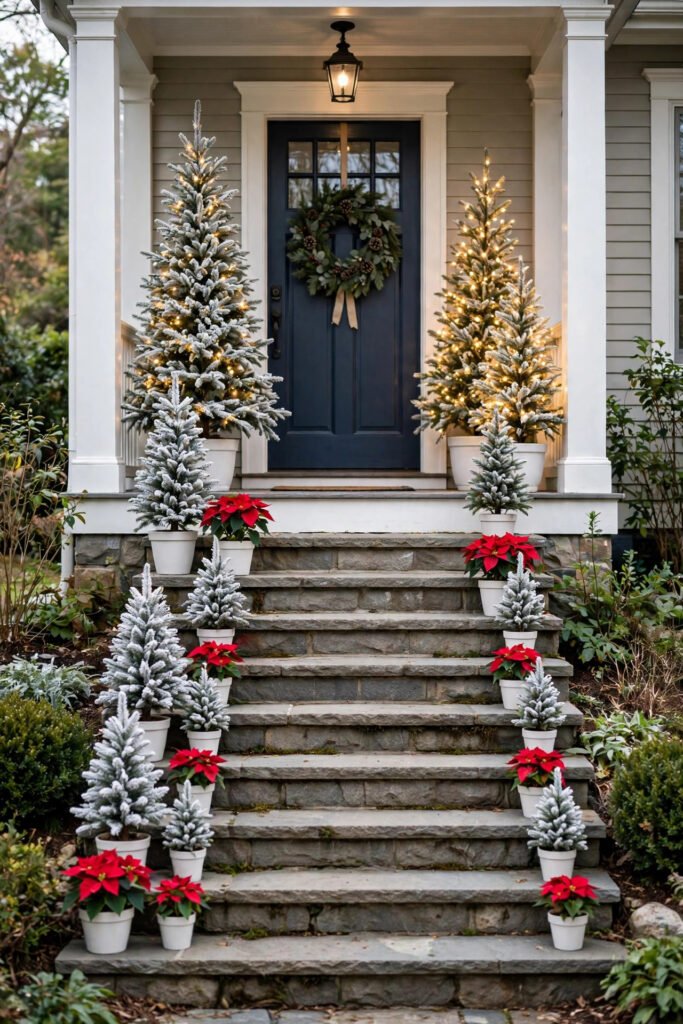 Front steps lined on both sides with flocked mini trees and red poinsettias in white pots stepping down in size, taller lit trees near the door