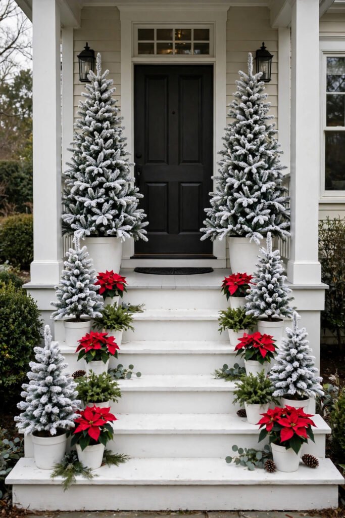 White porch steps with tall flocked trees in white planters near the door and smaller flocked trees and red poinsettias stepping down each stair