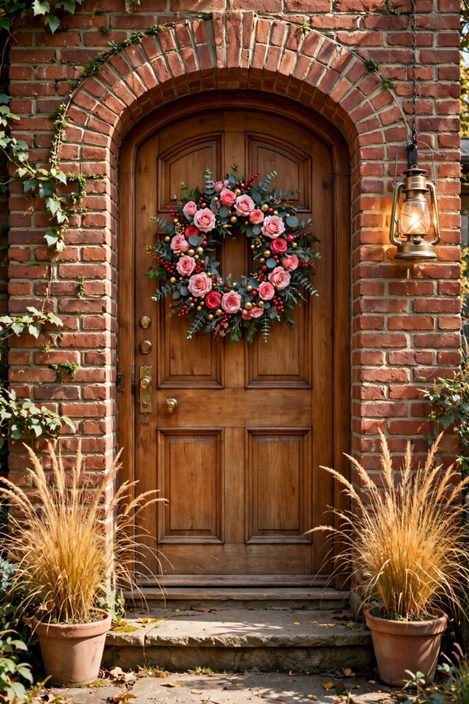 Wooden front door under a brick arch with a floral wreath of pink and red roses, eucalyptus, red berries and tiny gold balls, hanging lantern glowing, pots of golden ornamental grass