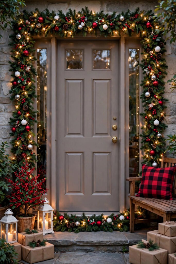 Front doorway framed with lit Christmas garland dotted with red white and silver ornaments, white lanterns and kraft paper gifts beside a taupe door