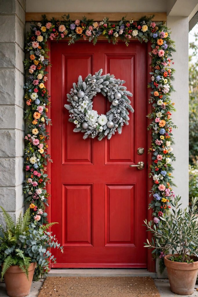 Bold red front door with a frosted wreath with silver ornaments and white flowers in the center, colorful garland around the frame, soft daylight