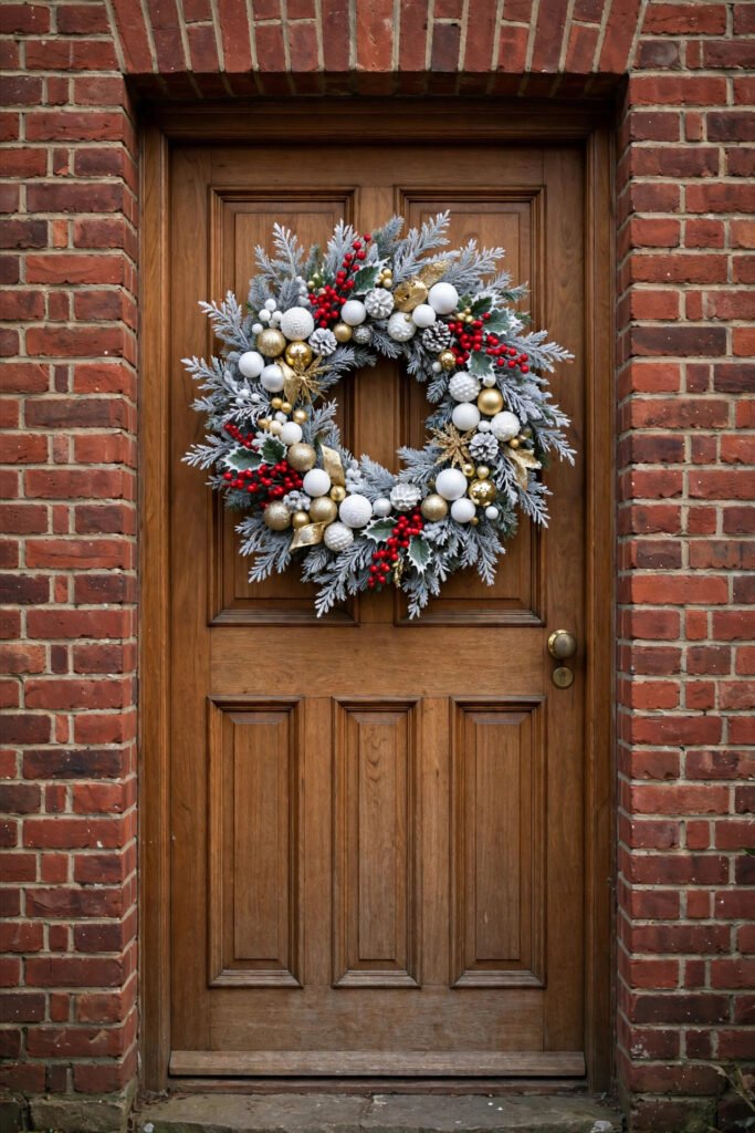 Wood door with a wreath of frosted silver sprigs, red berries and white and gold ornaments, red brick, soft daylight