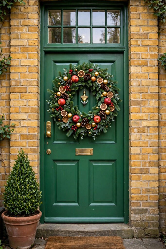 Green Georgian door with a full evergreen wreath of dried orange slices, red apples, pinecones, berries and gold baubles, golden brick, boxwood cone in a terracotta pot
