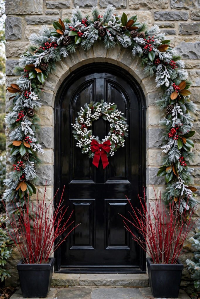 Stone arched doorway with full garland of frosted pine, pinecones, red berries and magnolia leaves following the curve, black lacquer door with white-berry wreath and red bow, black planters with red twigs