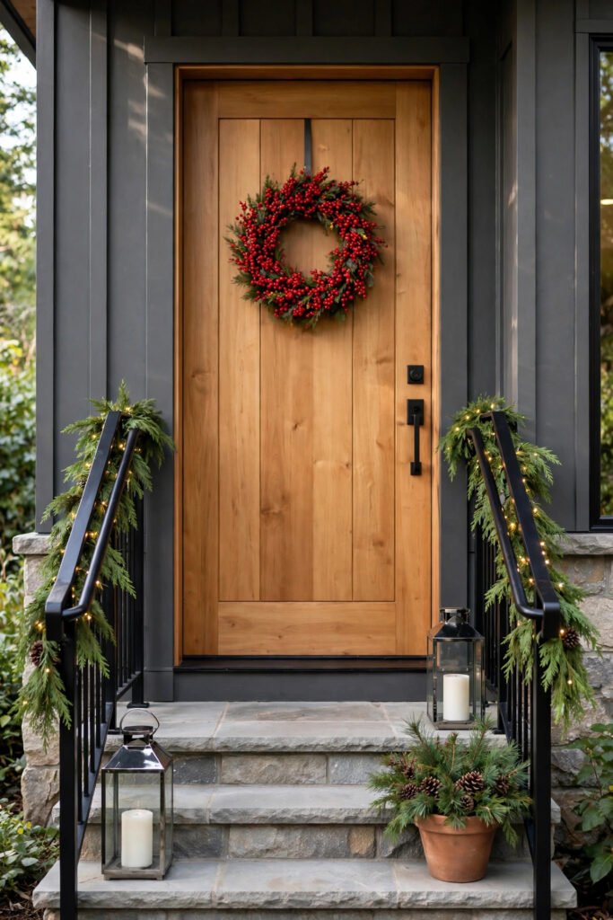 Sleek honey-wood front door with a single red berry wreath, cedar garland with tiny lights along black metal handrails, glass lanterns with white candles on the steps, terracotta pot with greens and pinecones