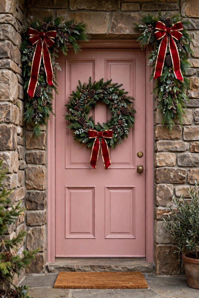 Stone entry with garland swags hanging from the upper corners of a dusty pink front door, each tied with a red velvet bow edged in gold and pinecones, matching wreath