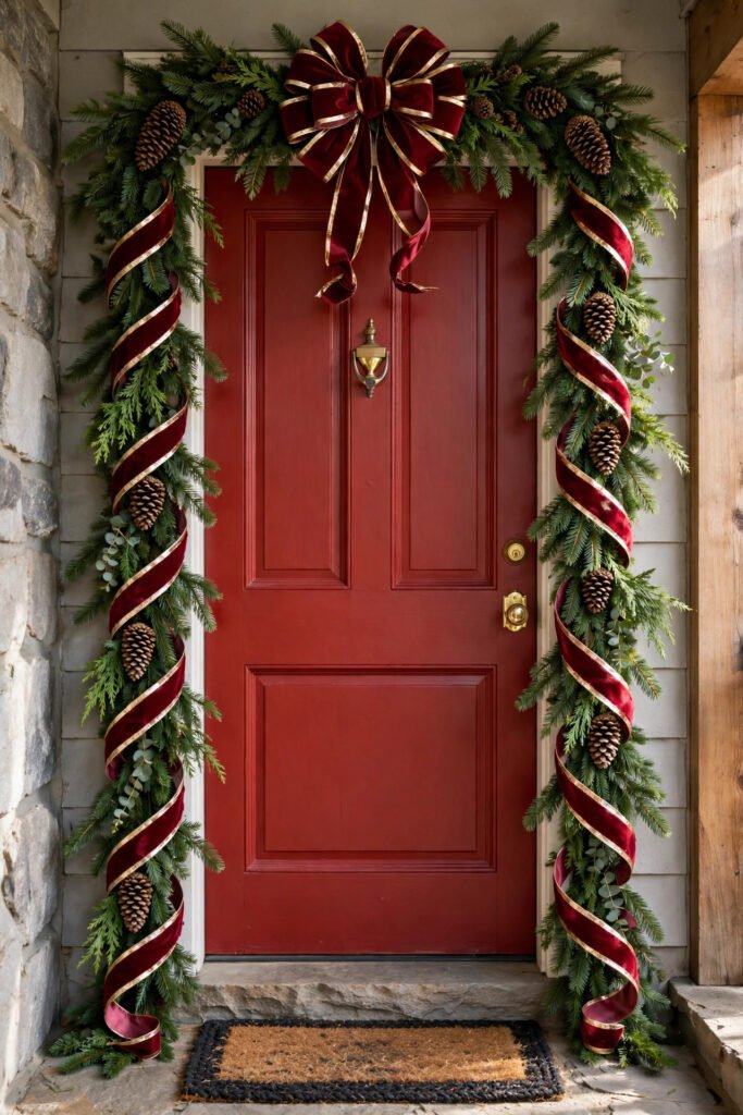 Red front door framed by fresh fir garland and pinecones, burgundy velvet ribbon with gold edges spiraling down both sides, a big bow at the top