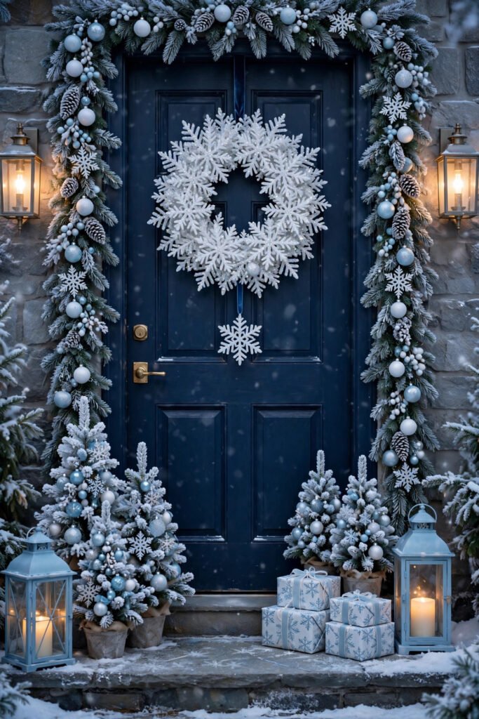 Large sparkly white snowflake Christmas wreath on a navy front door with frosted garland and flocked mini trees with pale blue ornaments