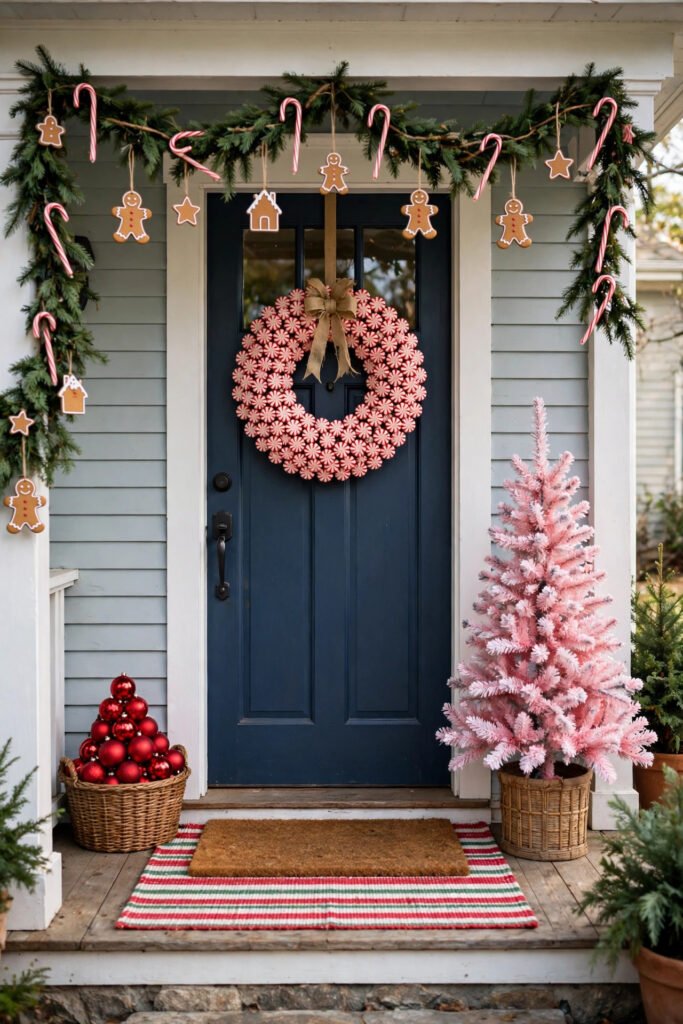 Porch with gingerbread cutouts, peppermint candy wreath, candy canes in garland, red, white and green striped rug under a coir doormat, stacked red ornaments, pink flocked tree