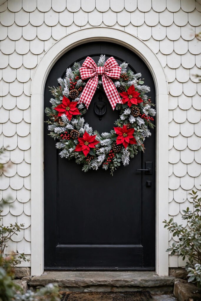 Arched black door with a full wreath of frosted pine, red poinsettias, berries and pinecones topped with a red and white gingham bow, white scalloped shingles