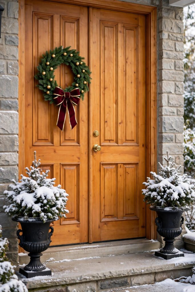 Honey-wood double door with a plain green wreath dotted with small gold ball ornaments and a burgundy bow trimmed in gold, snowy shrubs in black cast iron urns