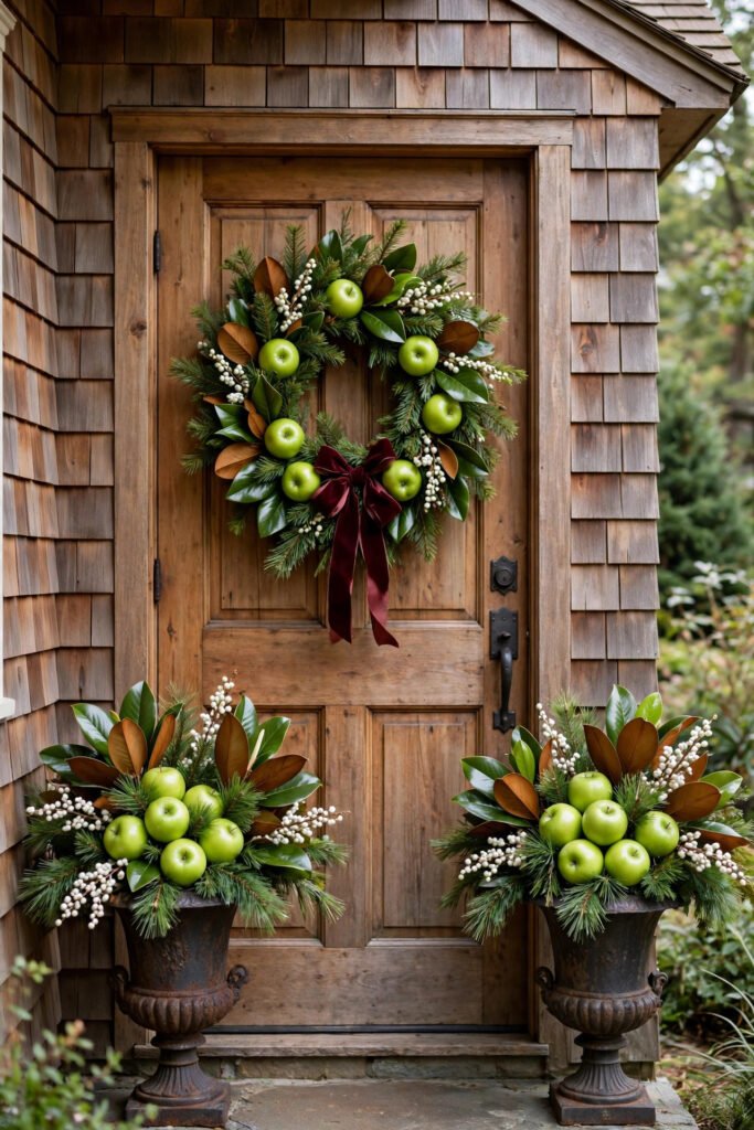 Wood door with a wreath of bright green apples and deep burgundy velvet ribbon, two iron urns with green apples, pine, magnolia leaves and white berry sprays, cedar shingles
