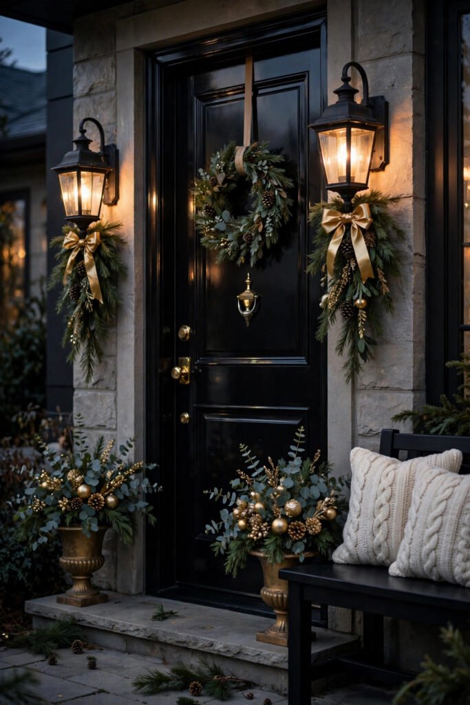 Pine greenery swags with gold ribbon bows tied under outdoor wall lanterns beside a glossy black front door with brass hardware