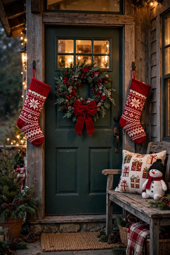 Fair Isle knit Christmas stockings hanging on either side of a front door with a red wreath and wooden bench with holiday pillows