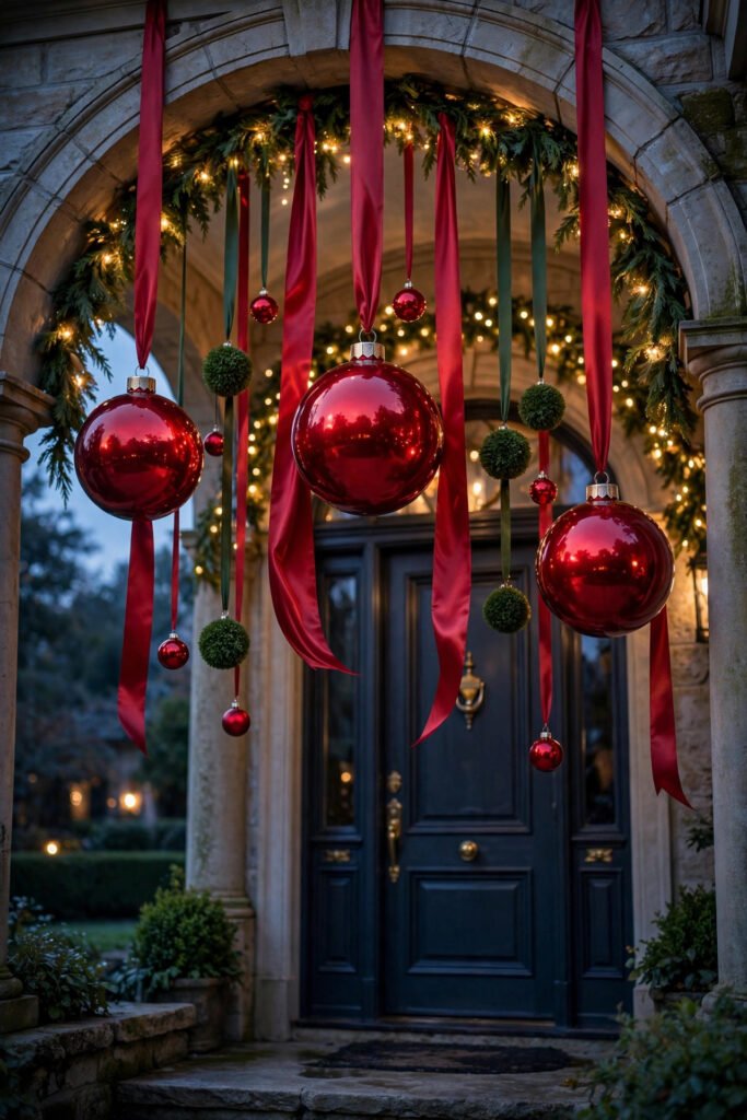 Giant red Christmas ornaments hanging from long satin ribbons inside a porch arch above a front door, smaller ornaments and boxwood balls at different heights, lit garland