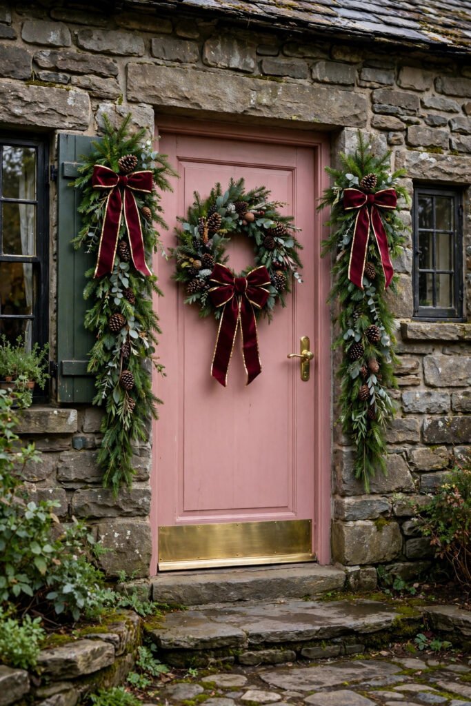 Stone cottage with dusty pink door framed by two evergreen swags with pinecones and burgundy velvet bows trimmed in gold, matching wreath and bow in the center, brass kick plate and handle