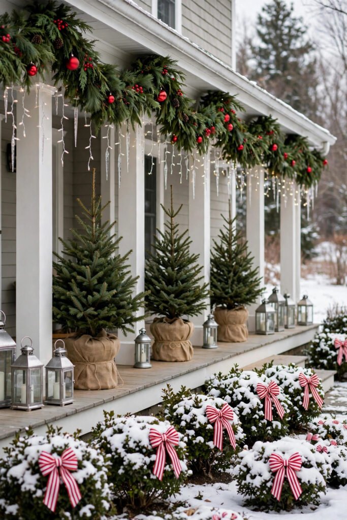 Long porch roofline with lush garland with red ornaments and clear icicle lights hanging below, burlap-wrapped trees, silver lanterns, candy-striped bows on snowy shrubs