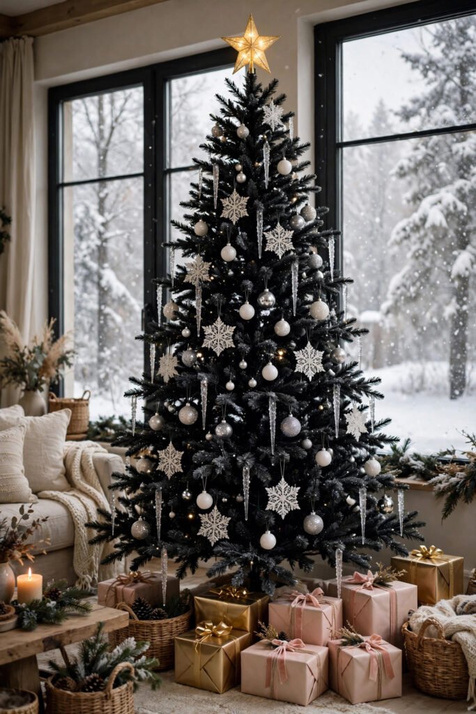 Tall black Christmas tree with clear glittery icicles, white and silver balls, lacy snowflakes, glowing gold star, gold and blush-wrapped gifts, woven baskets, big snowy windows