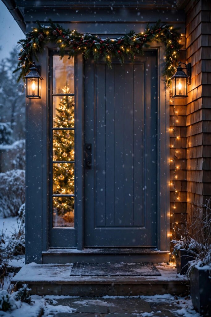 Snowy evening entry with a lit Christmas tree glowing through the narrow glass panel beside the door, fairy lights down the other side, lit garland with red berries over the trim, two lantern sconces