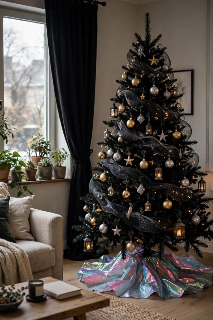 Black Christmas tree with gold and silver ornaments, black mesh ribbon, tiny lantern ornaments, iridescent tree skirt flashing pink, blue and green, black curtains, plants on the windowsill
