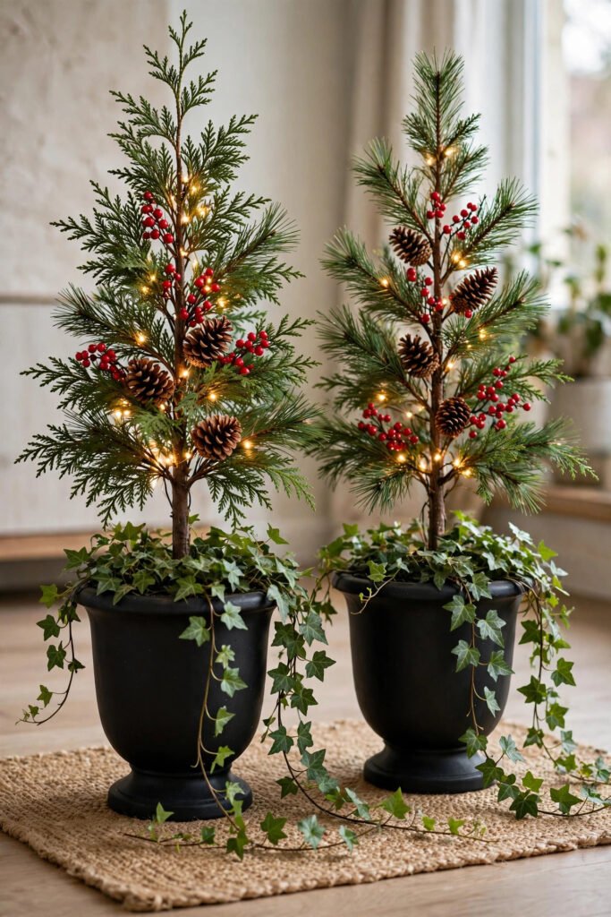 Two black urns with slim lit trees, cedar and pine, red berries and pinecones, trailing ivy spilling over the edges, jute mat