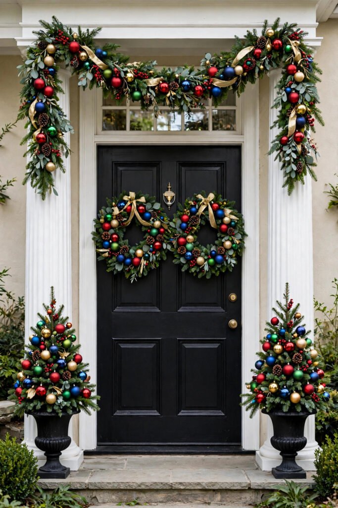 Black door with white columns, lush garland and two matching wreaths with red, blue, green and gold baubles, ornament-covered trees in black urns
