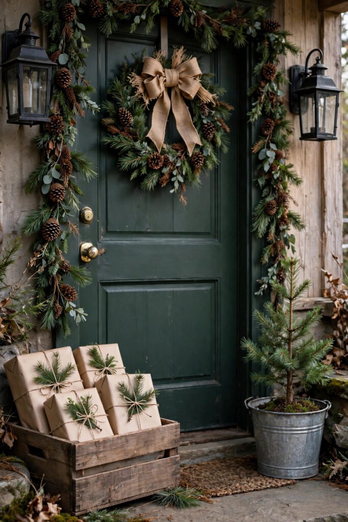 Rustic wooden crate with kraft paper packages tied with twine and pine sprigs beside a dark green door, black lanterns, pinecone garland, burlap wreath bow, galvanized bucket with a small tree