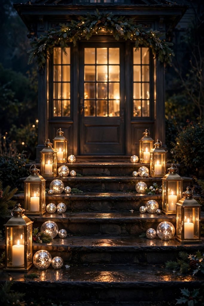 Front porch steps lined with gold-framed lanterns holding white candles and mercury glass orbs glowing at night