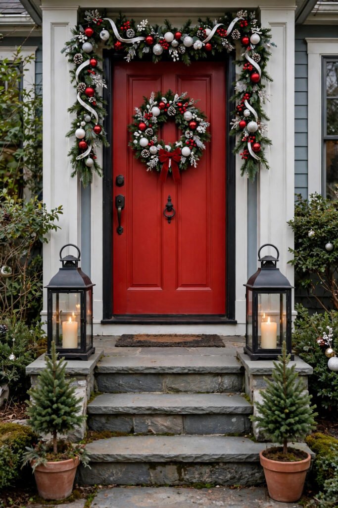 Black metal lanterns with pillar candles on both sides of the steps leading to a red door, red and white ornaments on garland, wreath and small potted trees