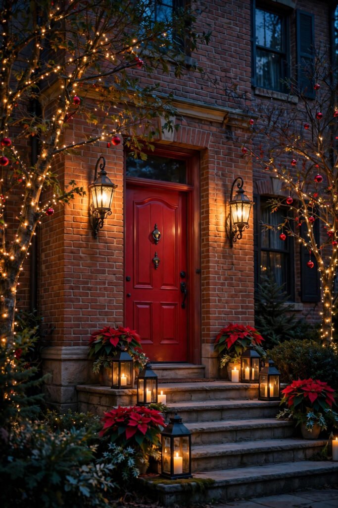 Brick home with iron wall lanterns glowing on either side of a red door, lit trees with red ornaments at mid height, black lanterns with candles and poinsettias on the steps, dusk