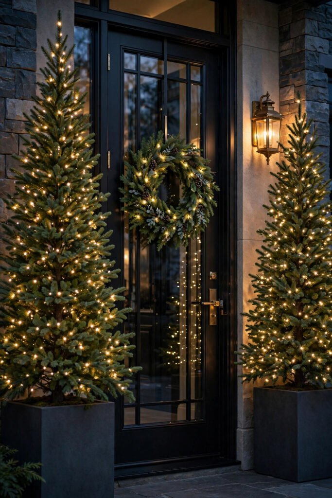 Two evergreen trees in matte charcoal planters flanking a black glass front door, each covered in tiny warm Christmas lights, lit wreath on the glass and lantern sconce