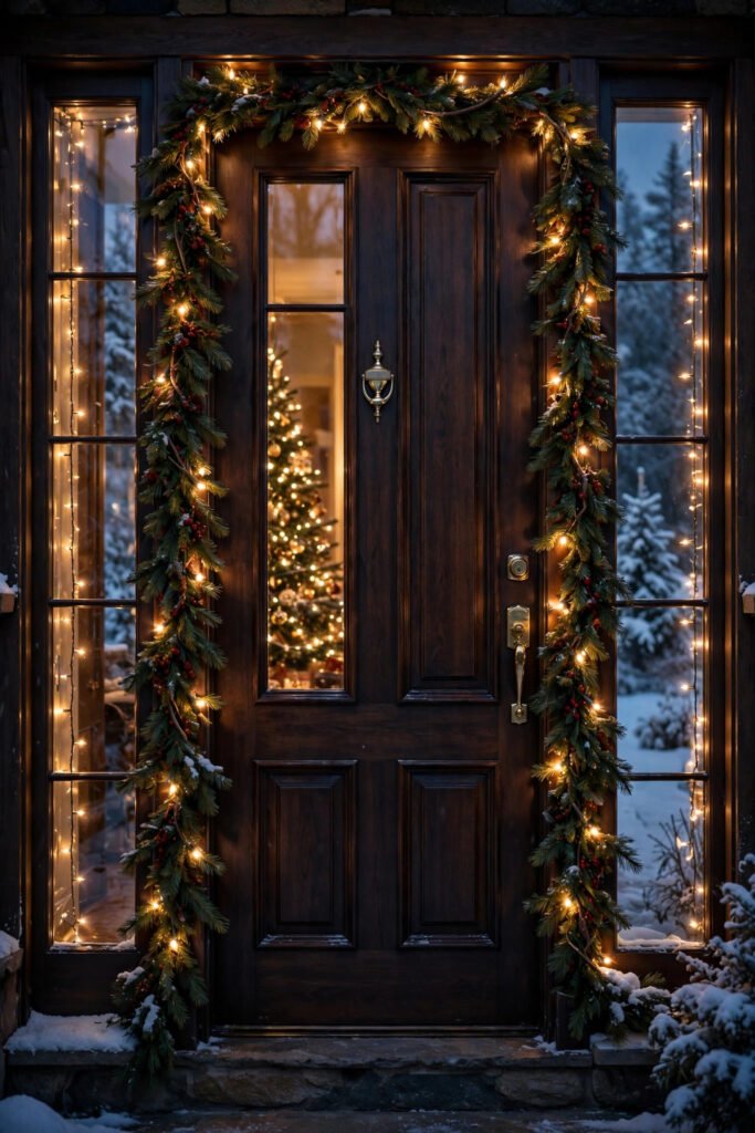 Fairy lights running down glass sidelights beside a dark wood front door glowing from the inside, lit Christmas tree visible through the glass, lit garland with red berries around the door, snowy trees outside