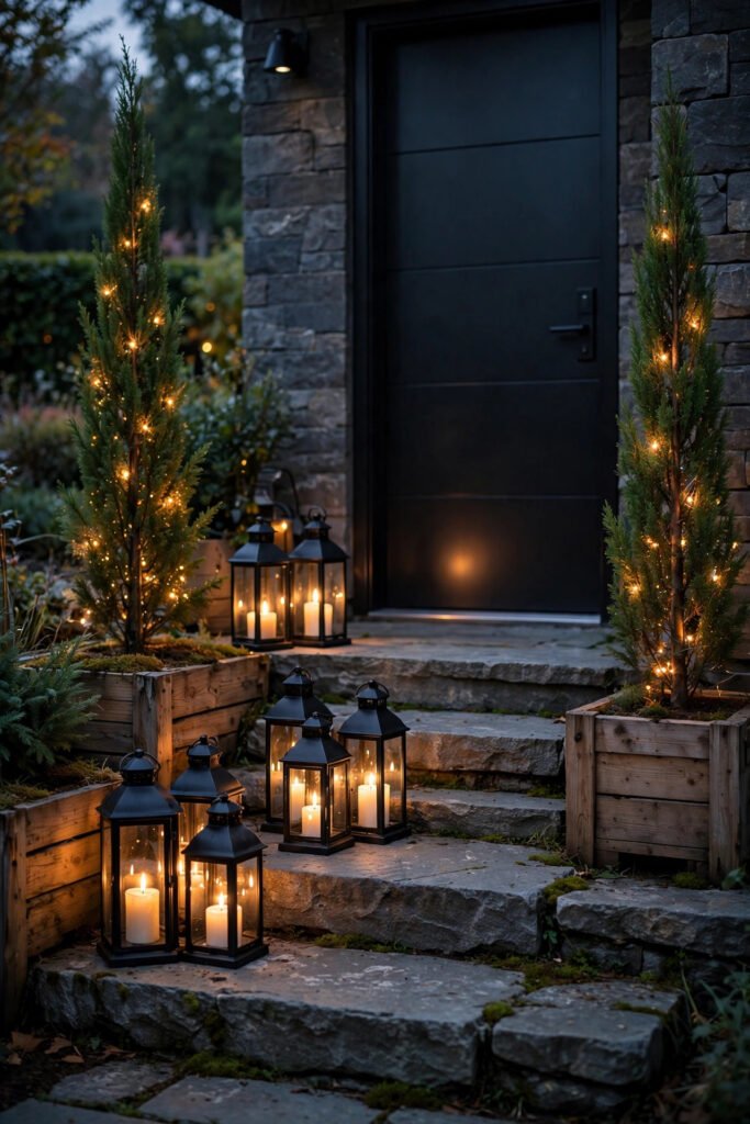Black metal lanterns with candles grouped on stone steps next to slim lit trees in wood planters, modern black door, warm glow at dusk