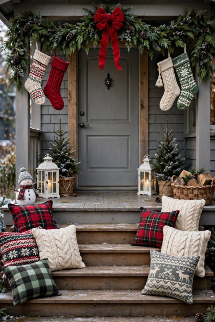 Front porch steps lined with plaid cable-knit and Fair Isle Christmas pillows, full garland swag with red bow above a gray front door