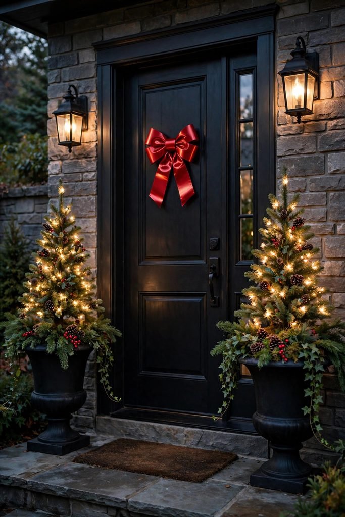 Pair of pre-lit mini Christmas trees in black urns with pinecones, red berries and ivy flanking a black front door