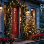 Red front door framed by full pre-lit evergreen garland with tiny warm lights, blue trim, a lit tree beside the door, dusk light, red poinsettias lining the porch
