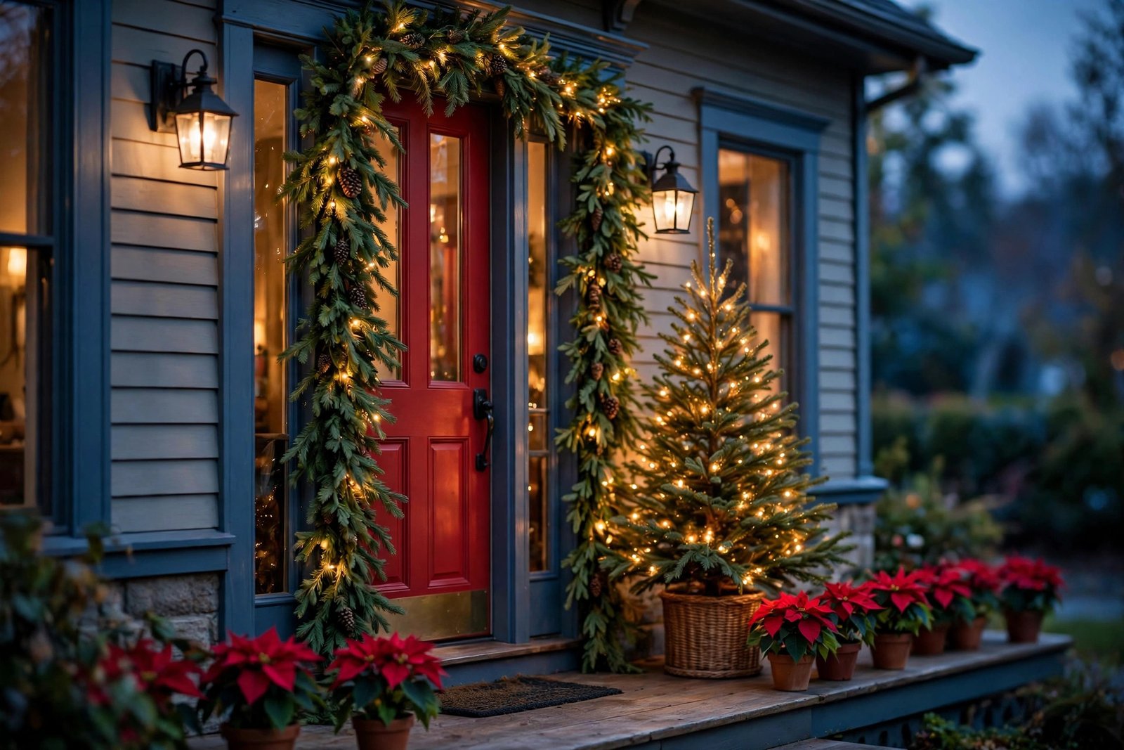 Red front door framed by full pre-lit evergreen garland with tiny warm lights, blue trim, a lit tree beside the door, dusk light, red poinsettias lining the porch