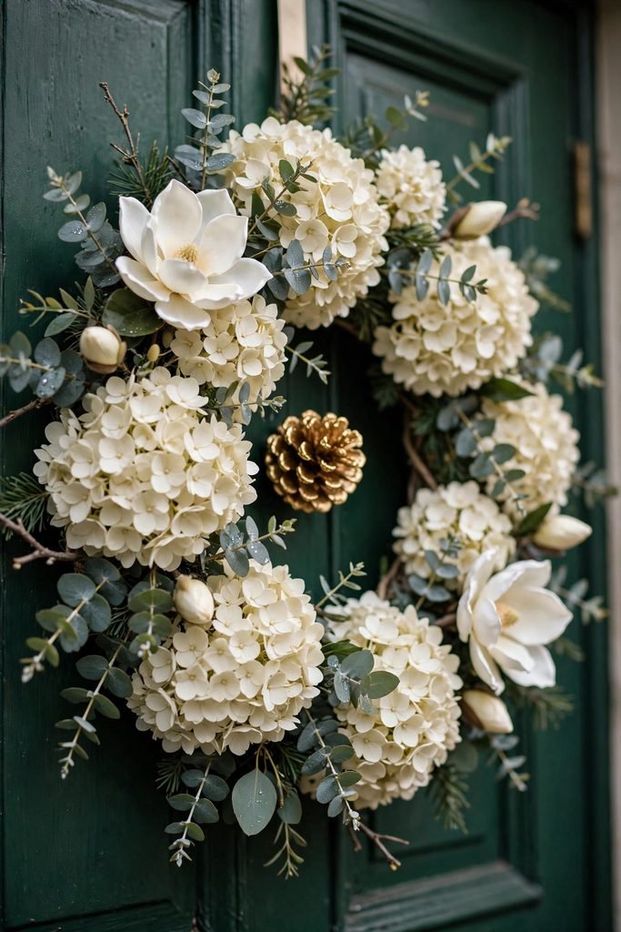 White magnolia and cream hydrangea Christmas wreath with eucalyptus and gold pinecone on a deep green front door