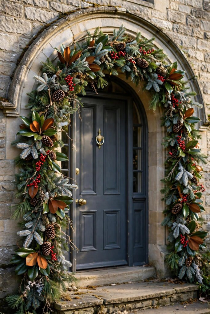 Fresh fir garland mixed with frosted pine, red berries, pinecones and glossy magnolia leaves following the curve of a stone arch around a front door