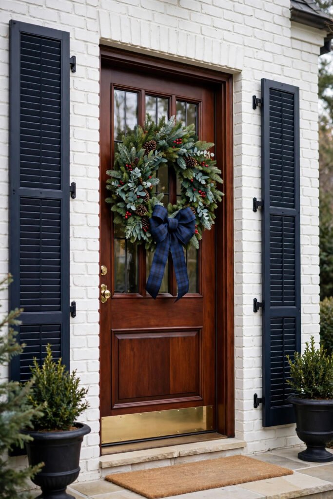 Mahogany front door on a white brick home with dark shutters, Christmas wreath with a navy plaid bow, pinecones and red berries