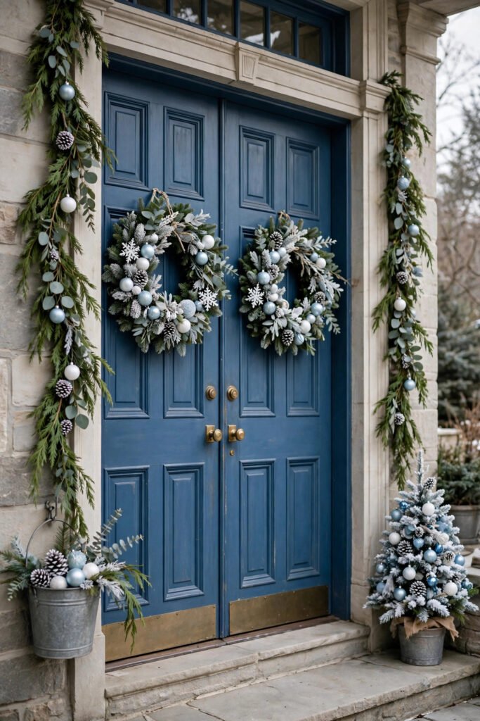 Two identical Christmas wreaths with fir, eucalyptus and pale blue ornaments hanging on blue double front doors with cedar garland