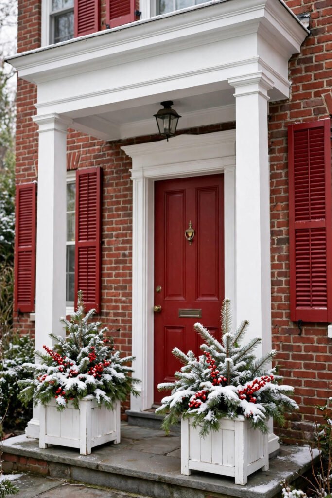 Classic brick entry with two identical white planters with snowy evergreens and red berries on either side of a red door, red shutters, white portico