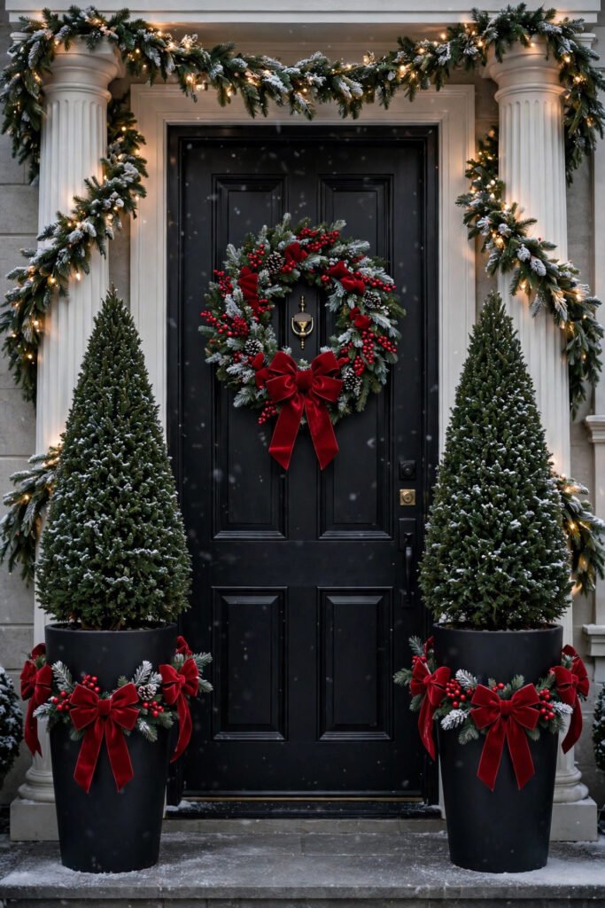 Two matching cone-shaped evergreens in tall black planters wrapped with red velvet Christmas bows flanking a black front door