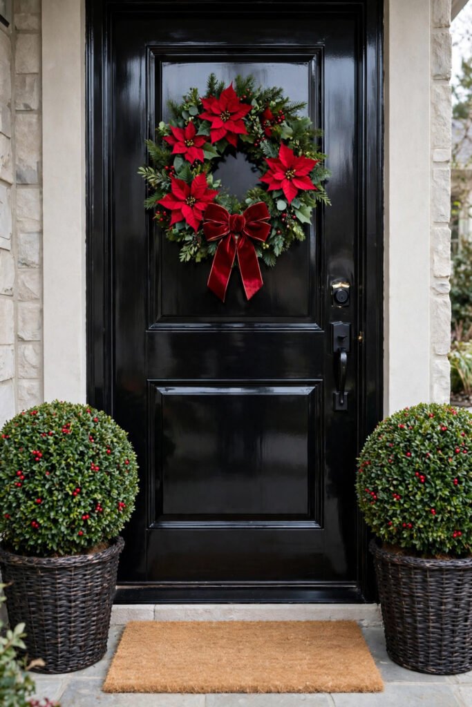 Glossy black door flanked by two round boxwood topiaries with red berries in dark woven baskets, poinsettia wreath with a velvet bow, Merry Christmas coir mat