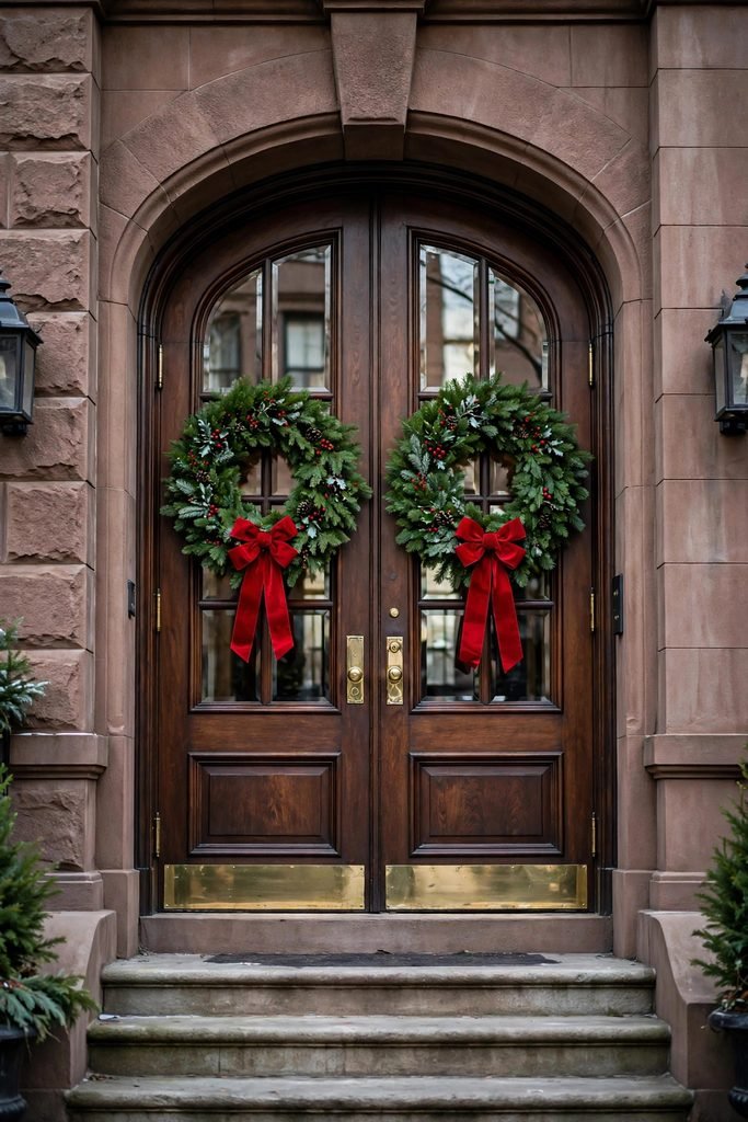 Two matching fir Christmas wreaths with red velvet bows hanging at equal height on brownstone double doors