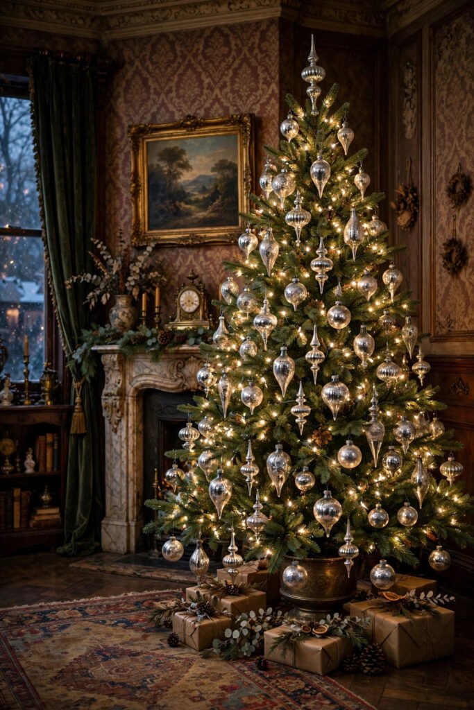 Vintage Christmas tree with silvery mercury glass baubles in teardrop and finial shapes