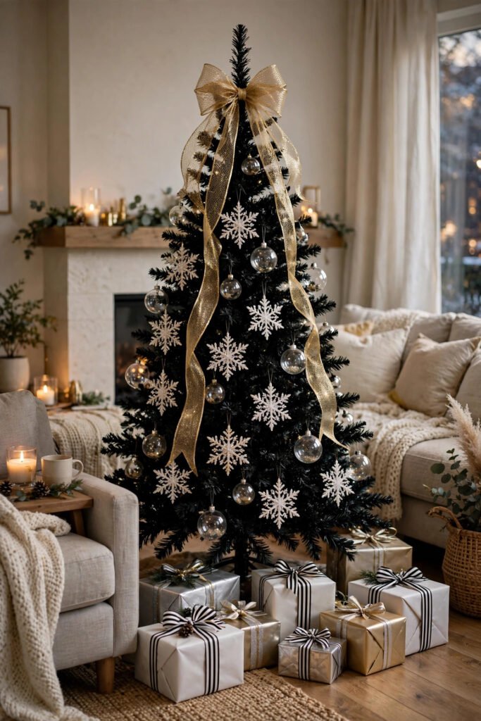 Black Christmas tree topped with a gold mesh ribbon bow with long tails, white and gold glitter snowflakes, clear glass balls, gifts in white, gold and silver with black-and-white striped ribbon